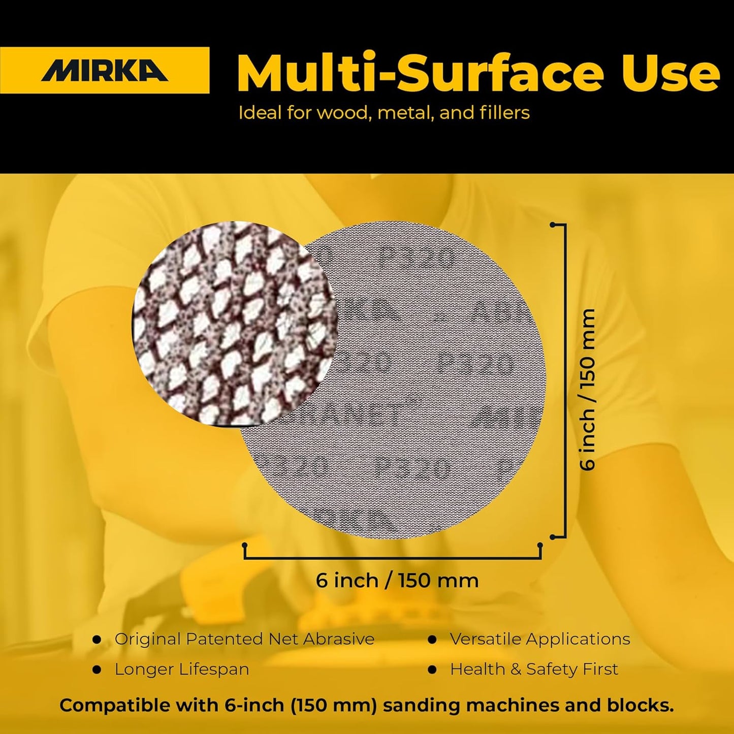 Mirka Abranet 6-Inch Sanding Discs – Dust-Free Hook & Loop Mesh, 50pcs, Grit 400