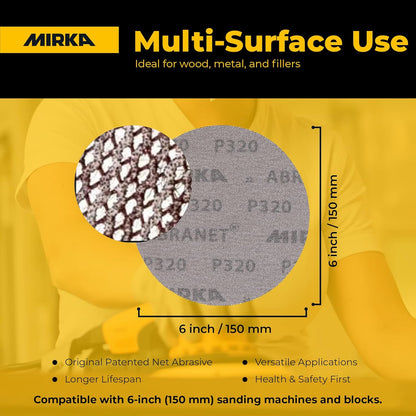 Mirka Abranet 6-Inch Sanding Discs – Dust-Free Hook & Loop Mesh, 50pcs, Grit 400