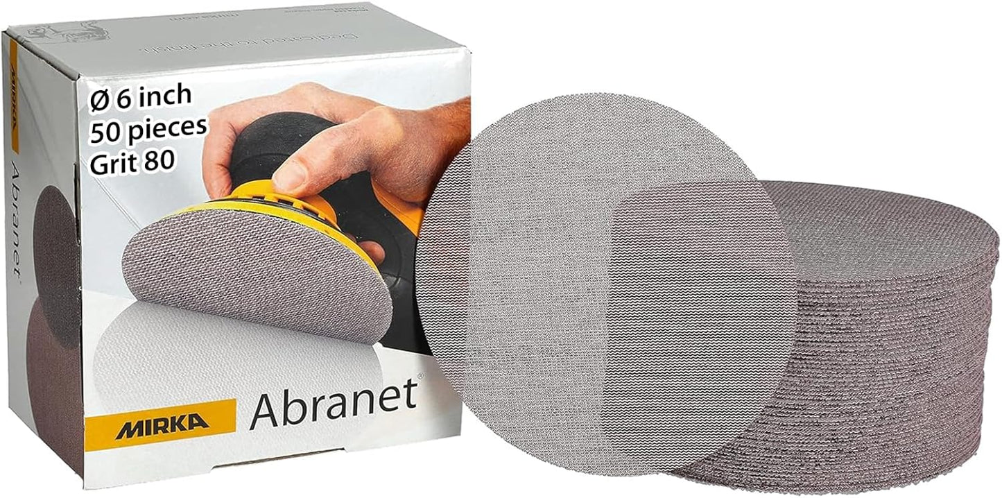 Mirka Abranet 6-Inch Sanding Discs – Dust-Free Hook & Loop Mesh, 50pcs, Grit 80